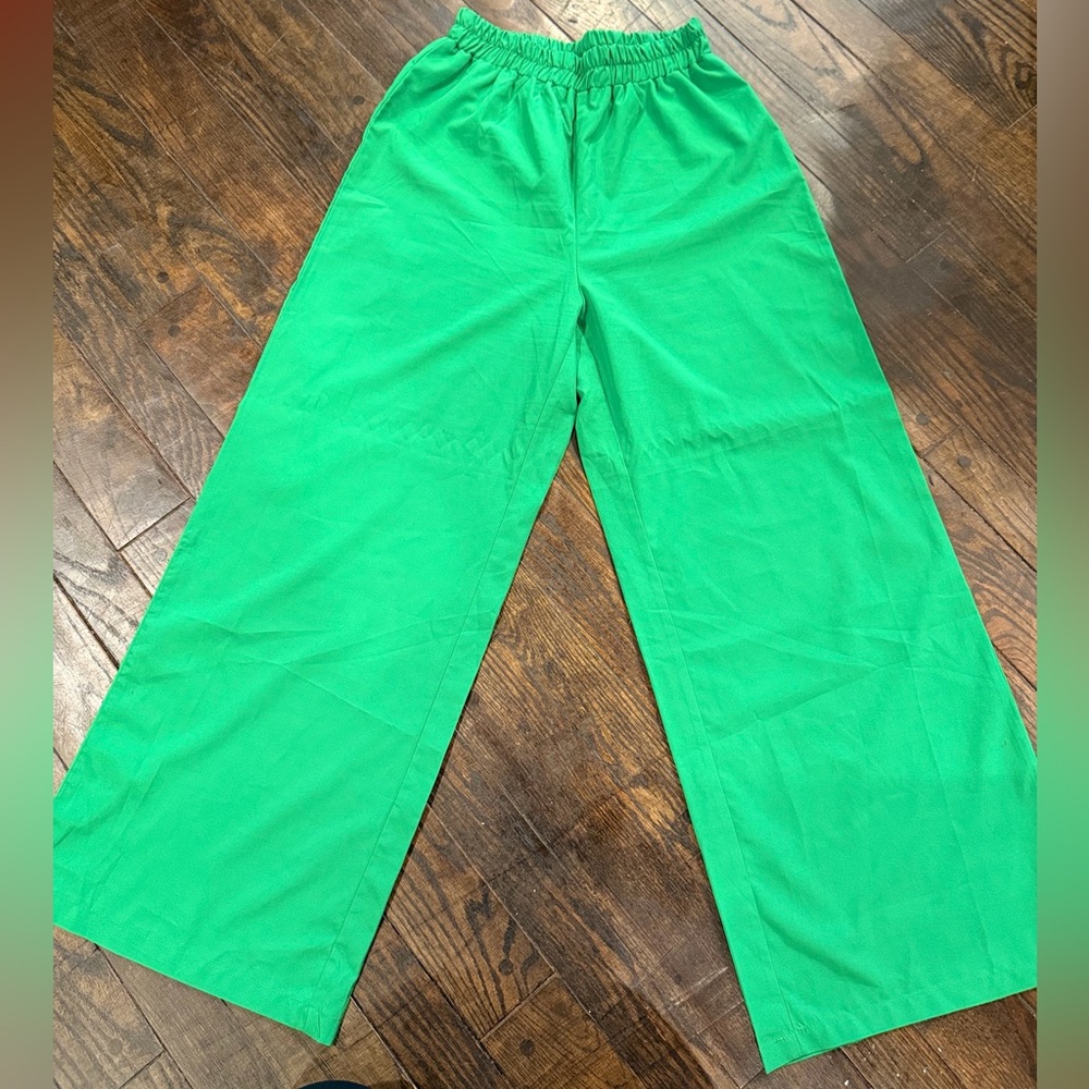 SHEIN Bright Green Elastic-Waist Wide-Leg
